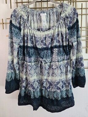 L- Liz Wear- Blue and Cream Printed Peasant Blouse